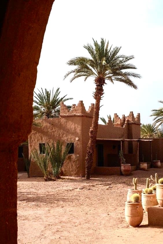 A traditional Moroccan courtyard with palm trees and earthen architecture