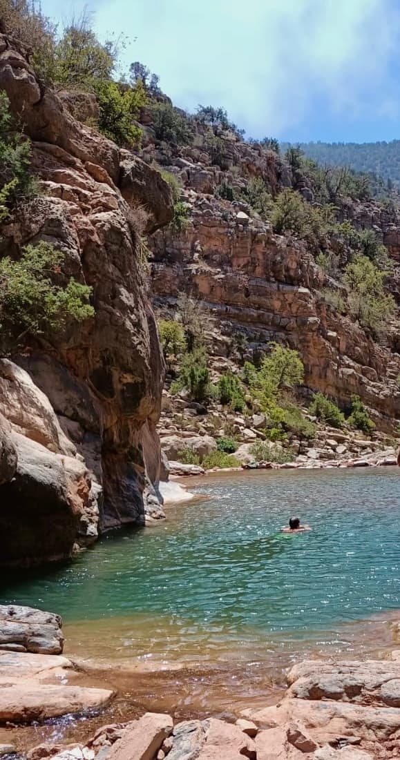 A person swimming in a turquoise canyon pool surrounded by rock walls in Paradise Valley